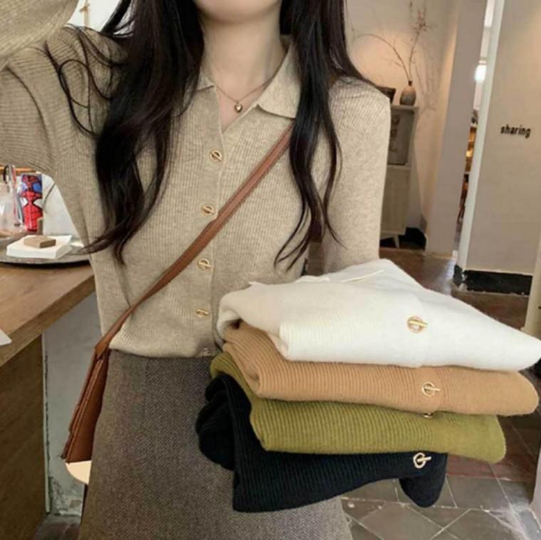 여성 잔골지 가디건 봄가을 니트 카라 긴팔 캐주얼룩 단정한 세미 오피스룩