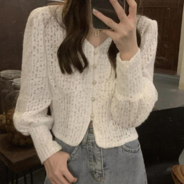 여성 브이넥 패션 깃털 가디건 러블리 봄 가을 아우터 유니크 상의 여성스러운 코디 룩