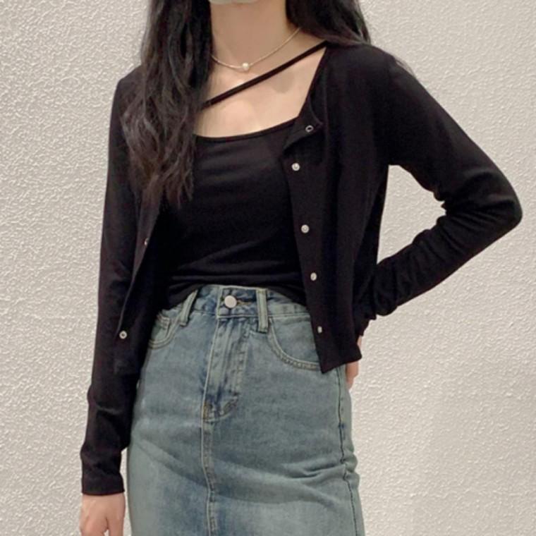 여성 나시 가디건 투피스 세트 여름 가을 크롭 아우터 상의 레이어드 룩 데일리 패션