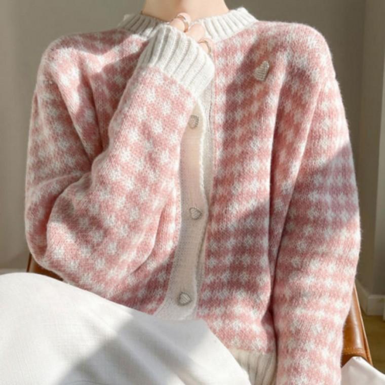 여성 하트 포인트 라운드넥 크롭 니트 가디건 러블리 상의 봄 가을 아우터 여성스러운 패션