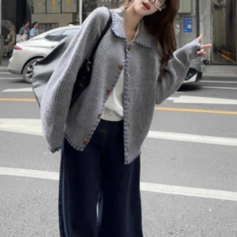오픈카라 봄가을 꾸안꾸 가디건 니트 여성 아우터 카라 스티치