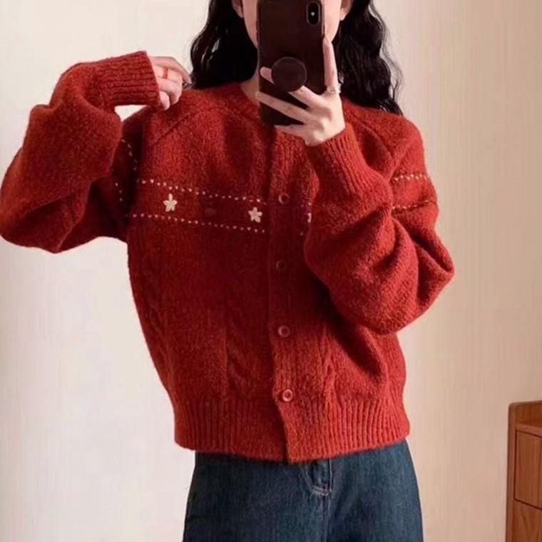 여성 라운드 넥 가을 겨울 꽃 자수 가디건 레드 니트 여자 라운드넥 간절기 사무실