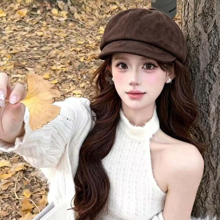 홍콩풍 빈티지  여성 봄가을 짧은 챙 얼굴 타블로이드 아동모 한국판 코디 화가 모자