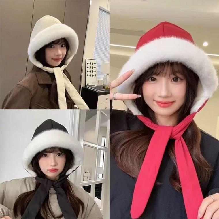 크리스마스 빨간 모자 귀엽고 가을 겨울용 다운 모자 가방 겸용 새해 레드 귀마개 퍼플 레이펑 모자 보온성