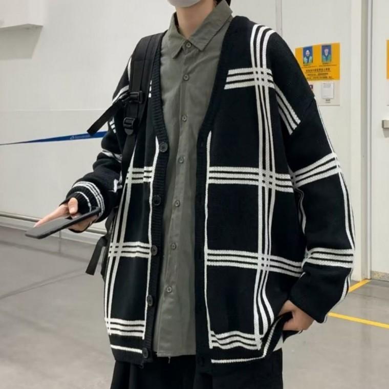 루즈핏 가을 체크 가디건 V넥 아우터 봄 패턴 남자