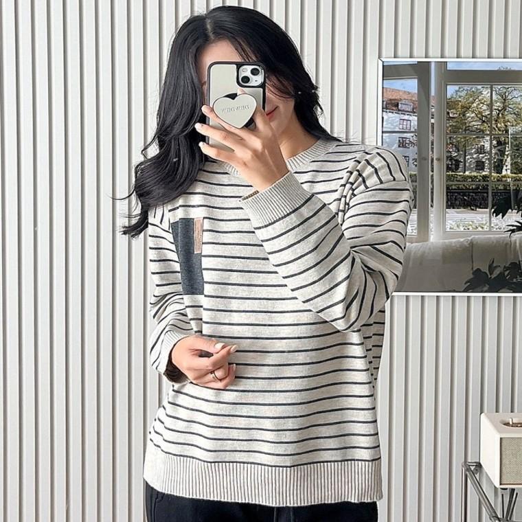 루즈핏 스트라이프 가을 니트 단가라 봄 긴팔 여자