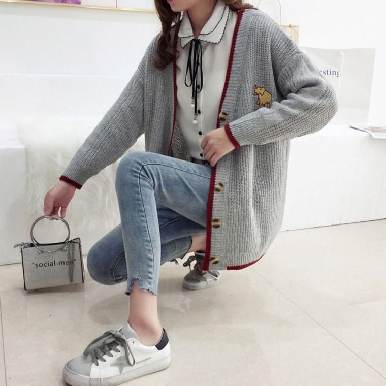 여자 코끼리 봄 카디건 가을 3컬러 배색 니트 가디건