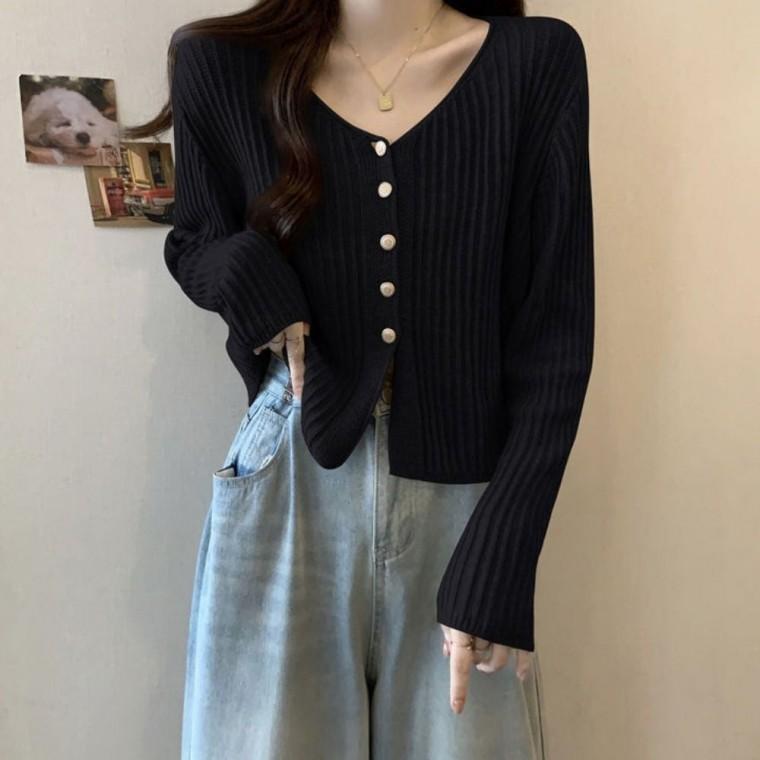 버튼 세로 V넥 봄가을 골지 가디건 여자 아우터