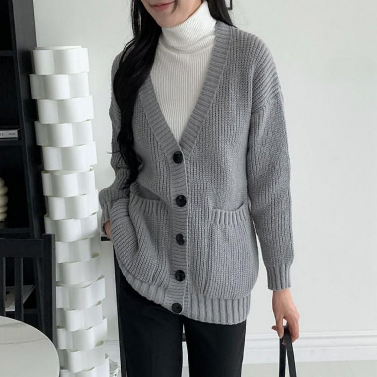 가디건 여자 빅 버튼 봄가을 루즈핏 하프 아우터