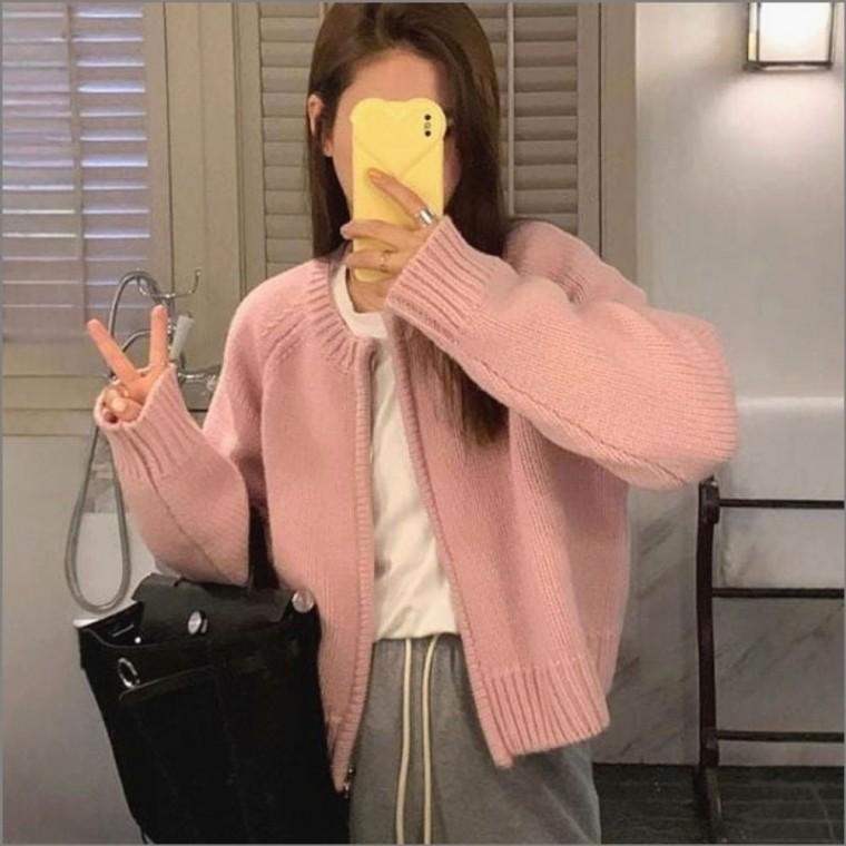 숏 봄가을 집업 여자 가디건 니트 라운드넥 아우터 세미크롭