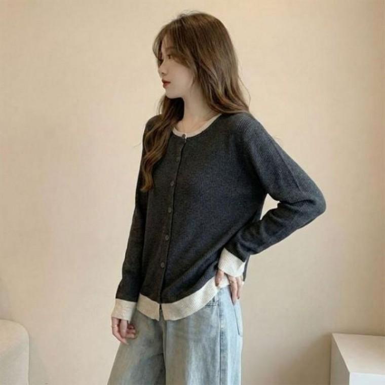 긴팔 배색 이너 투톤 가디건 라인 봄 가을 버튼