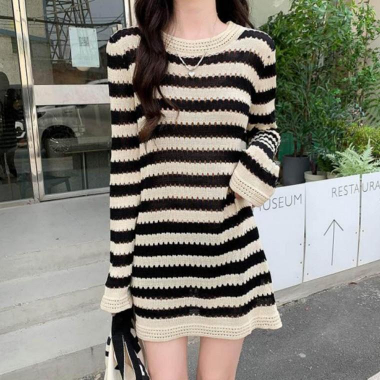 가을 간절기 나들이 데일리 하객룩 스트라이프 미니 펀칭 여자 긴팔 원피스 데일리 예쁜