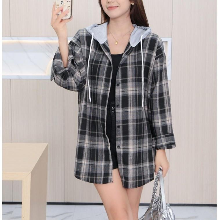 여성 가을 겨울 체크남방 후드 체크 셔츠 긴팔 아우터
