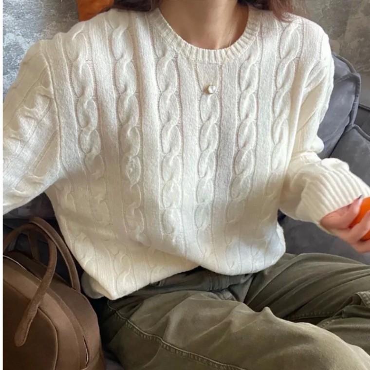 여성 가을 겨울 꽈배기 라운드 니트 티셔츠 스웨터