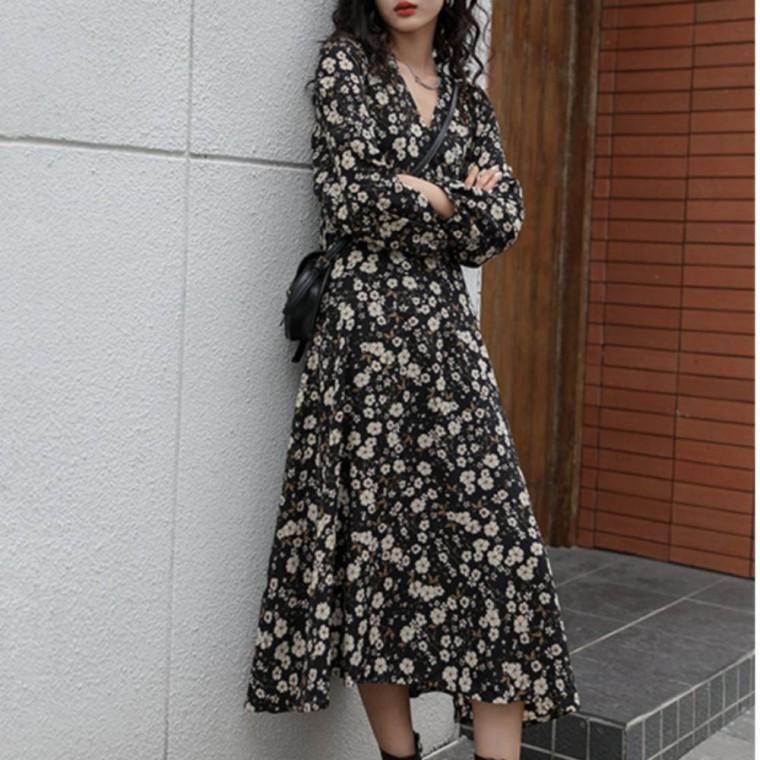 롱 원피스 가을 브이넥 긴팔 플라워 데이트룩