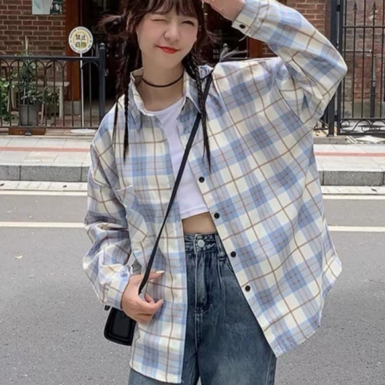 여자 봄 가을 데일리 체크 레이어드 긴팔 남방 셔츠