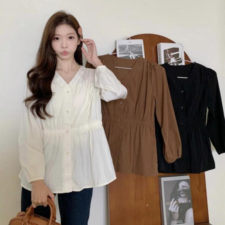 밴딩 블라우스 여성 가을 긴팔 V넥 심플 데일리