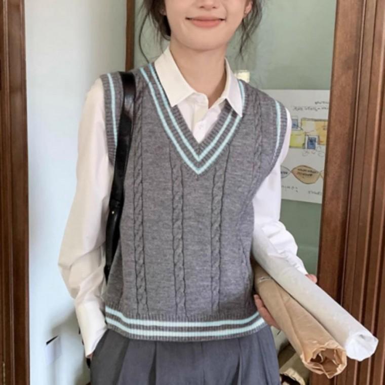 베스트 니트 조끼 브이넥 레이어드 가을 여성 배색