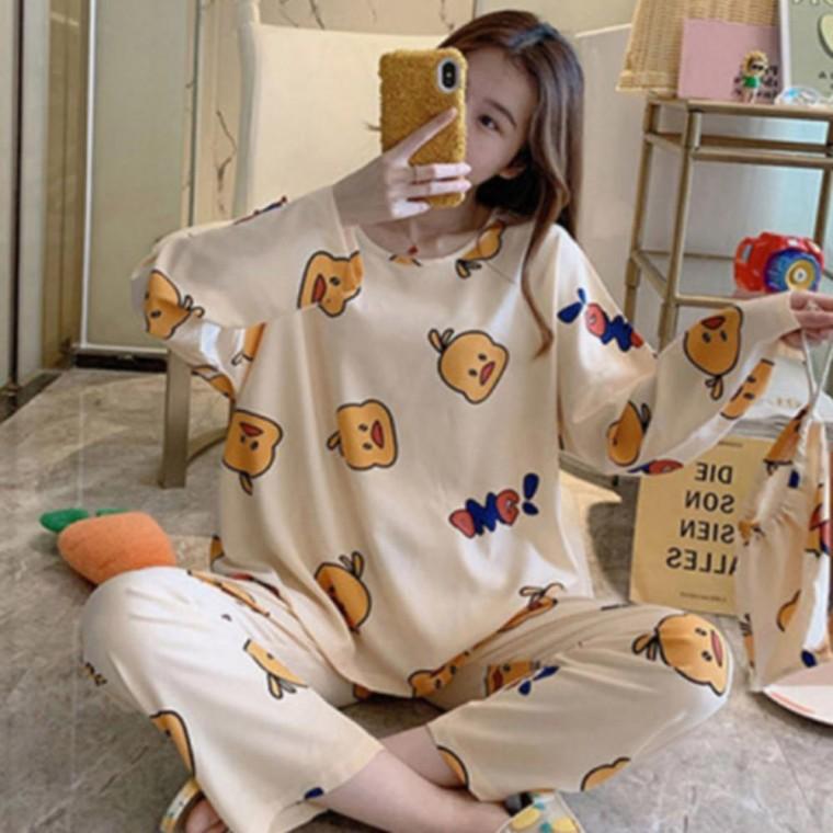 여자 가을 긴팔 잠옷 파자마 홈웨어 원피스 상하의 세트