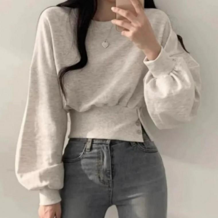 가을 긴팔 크롭 버튼 맨투맨 티셔츠 허리핏 간절기