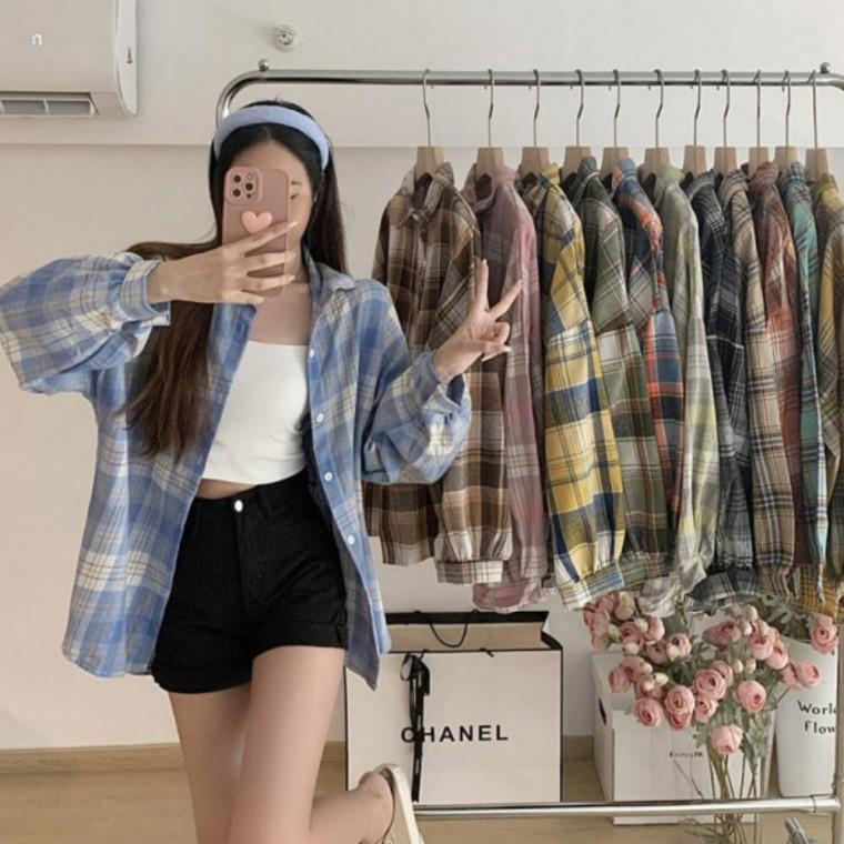 가을 복고풍 체크 남방 오버핏 루즈핏쳐스 루즈핏