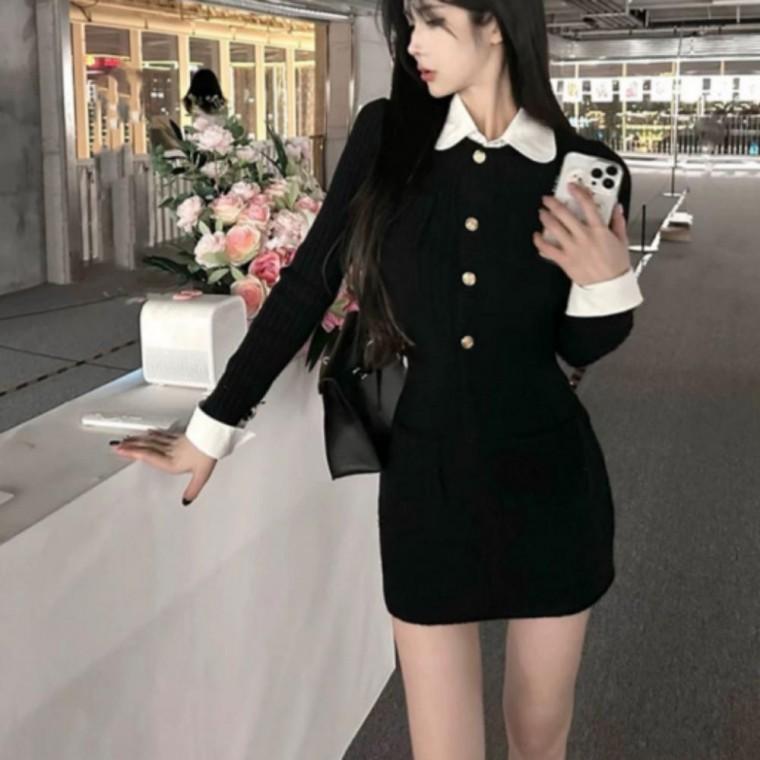 블랙미니원피스 페이크레이어드 금장버튼 카라 봄가을원피스