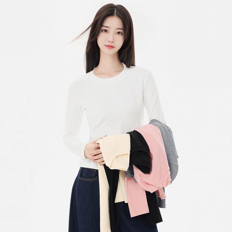 여자 가을 면티 봄 슬림 세미크롭 긴팔 라운드 면 티셔츠 흰티 레이어드티