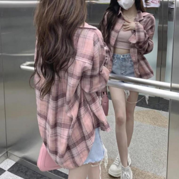 여성 가을 겨울 데일리 루즈핏 남방 핑크 체크 셔츠