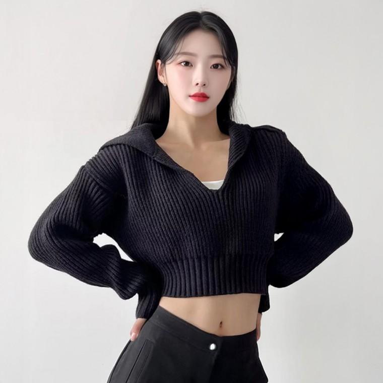 여성 가을 겨울 크롭 오버핏니트 오프숄더 브이넥 퍼프 레이어드니트