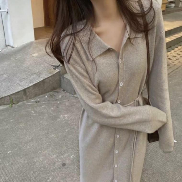 롱원피스 니트 가을 원피스 루즈핏 단추 카라 허리끈