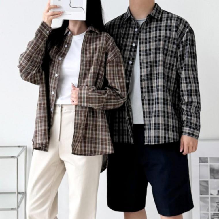 남방 체크 셔츠 루즈핏 가을 남녀 긴팔 캐주얼