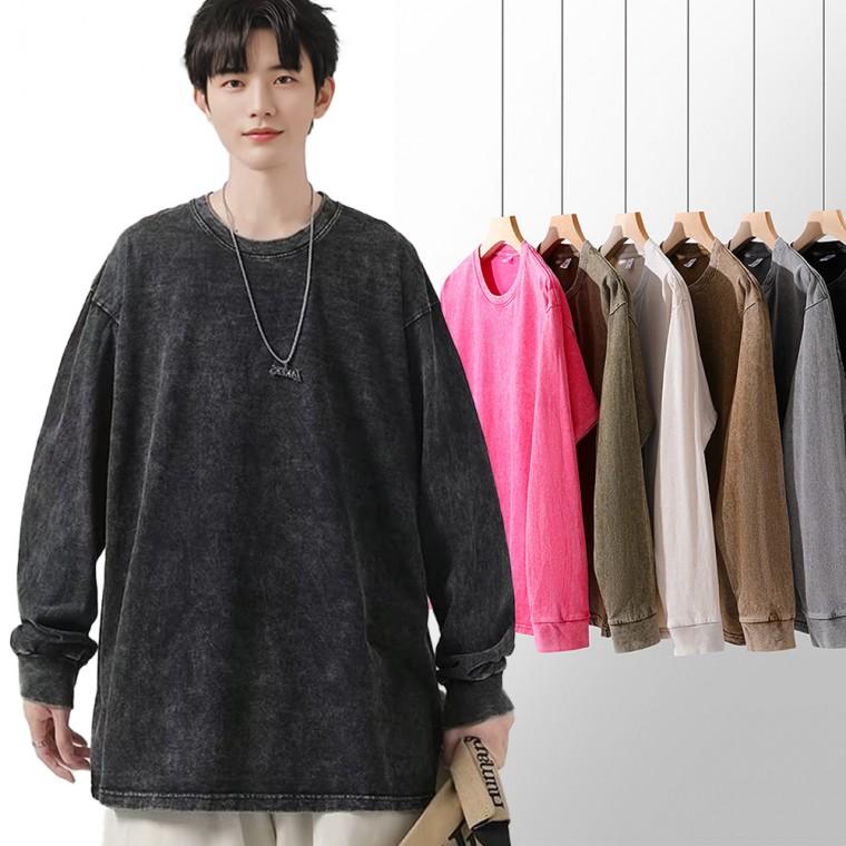 가을 겨울 커플 피그먼트 오버핏 긴팔 면 티셔츠 무지 빈티지 롱슬리브 맨투맨티