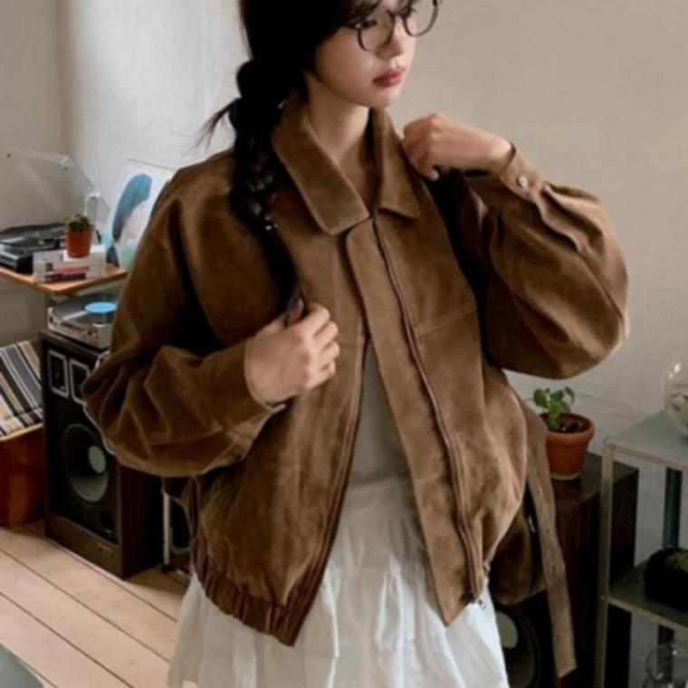 여성 간절기 가을 긴팔 스웨이드 카라 집업 숏 자켓