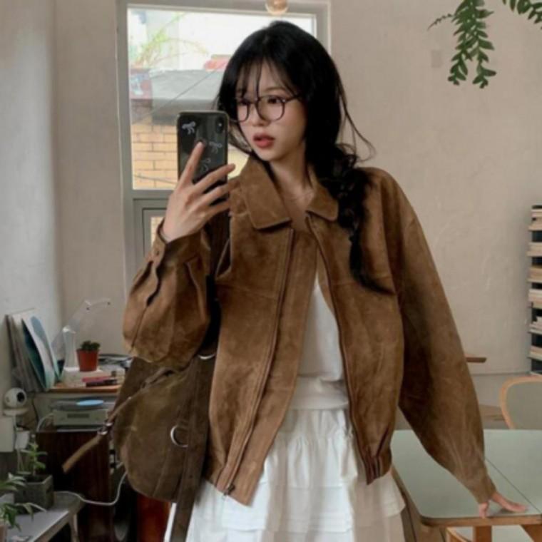 여성 가을 데일리 긴팔 스웨이드 카라 집업 크롭 자켓