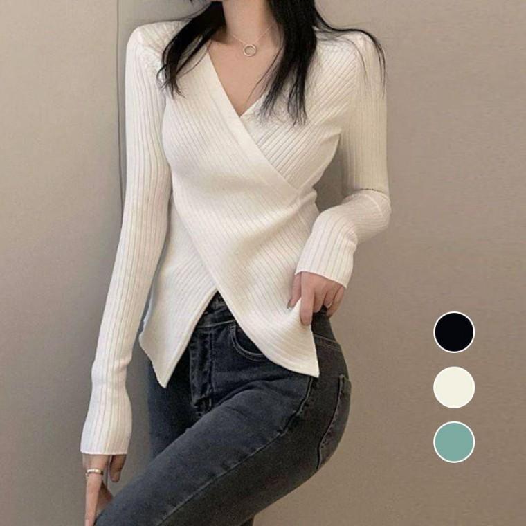 브이넥 봄 가을 니트티 트임 얇은 골지 여성 여성니트