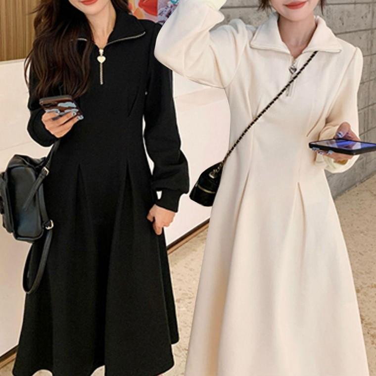 봄 가을 롱 프릴 지퍼 A라인 원피스 하객룩 체크 카라