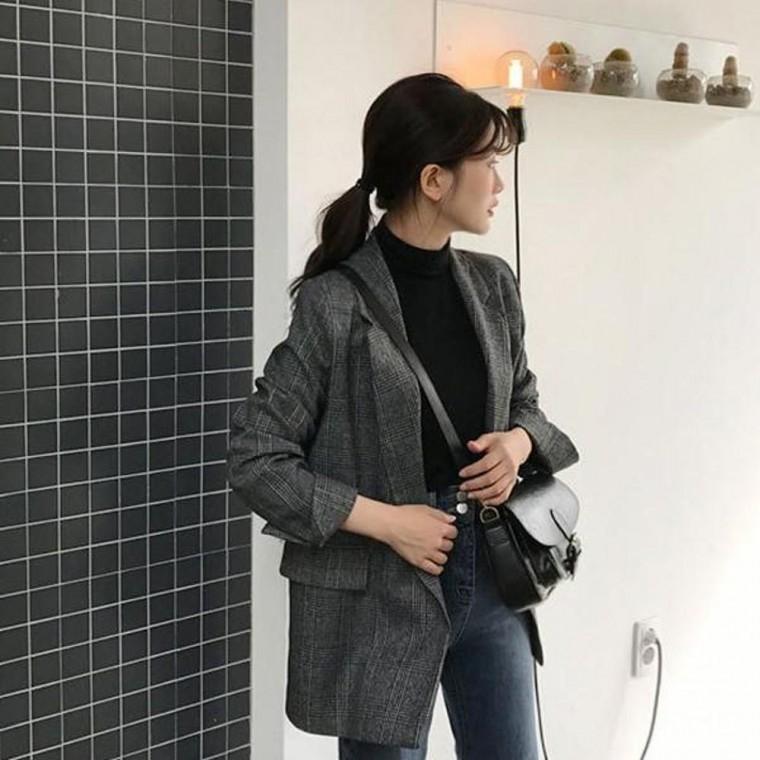 여성 기본템 면접룩 가을 소매 롤업 체크 셔츠 자켓