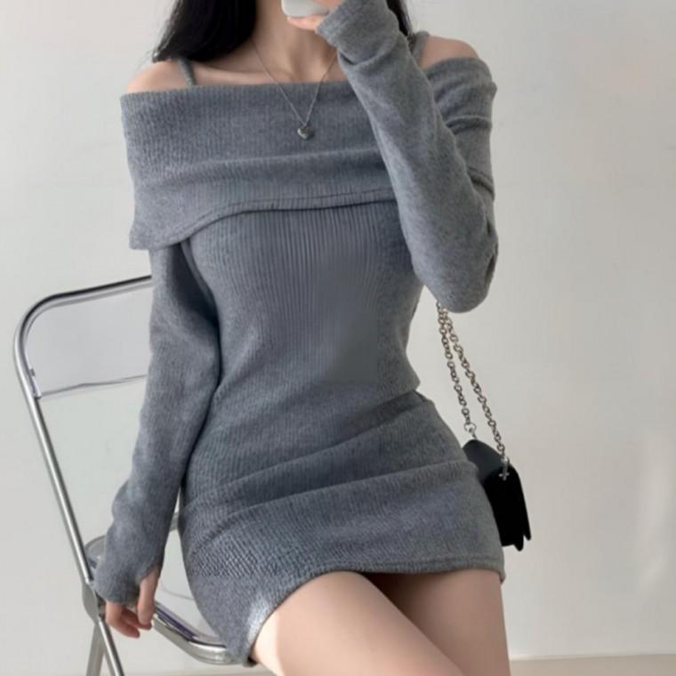 골지 간절기 하객룩 미니 나들이 오프숄더 가을 간절기 원피스 데이트룩 긴팔 데일리