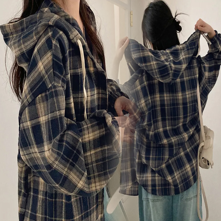 하이뷰 2838 [루즈핏] 멜디 후드 체크 셔츠 오버핏 남방 아우터 캐주얼 빈티지 긴팔 간절기 가을