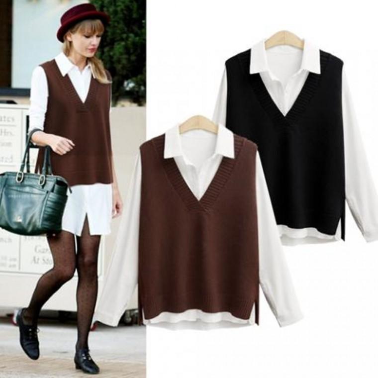 F15261 봄가을 예쁜 V넥 언발 니트 조끼 베스트 Vest