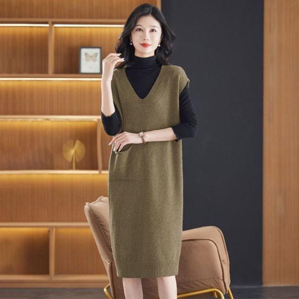 은창]데일리 럭셔리 포켓 뷔스티에 니트 원피스 치마 롱원피스 가을 겨울 긴팔 여성 루즈핏 니트원피스 데
