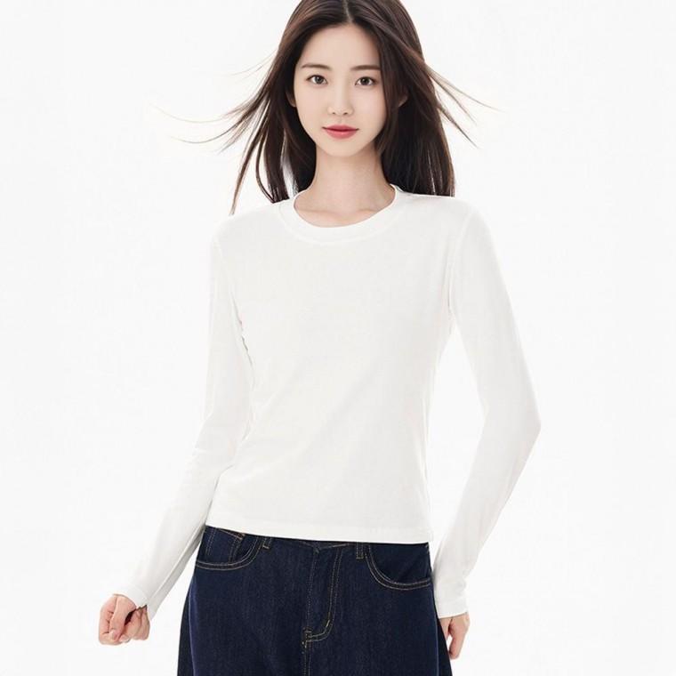 여성 세미 크롭 긴팔티 라운드넥 긴팔 면 티셔츠 봄 가을