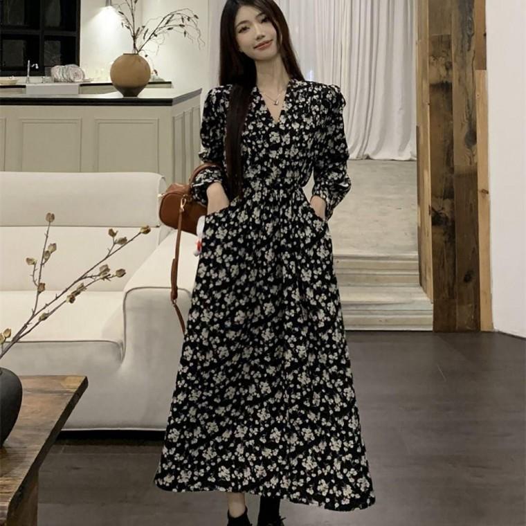랩스타일 브이넥 플라워 원피스 A라인 긴팔 봄가을 쉬폰 시폰 밴딩 하객 플레어 캐주얼