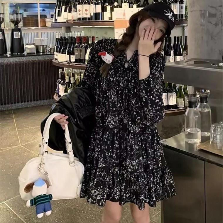 플라워 캉캉 미니 원피스 퍼프 긴팔 봄가을 쉬폰 시폰 밴딩 하객 큐티 캐주얼 A라인