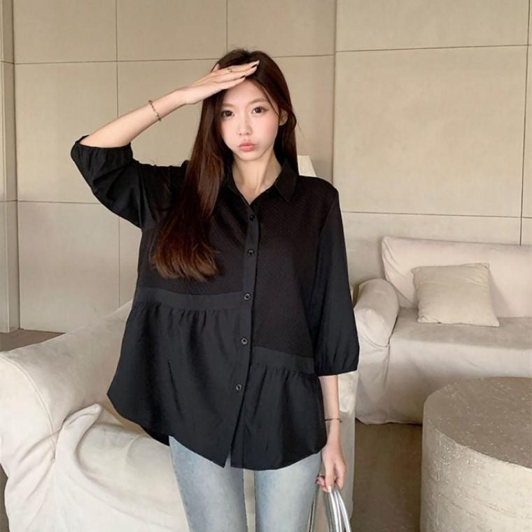 루즈핏 언발 셔링 7부 블라우스 카라 캐주얼 A라인 데일리 봄가을 간절기 엠보싱 스러운