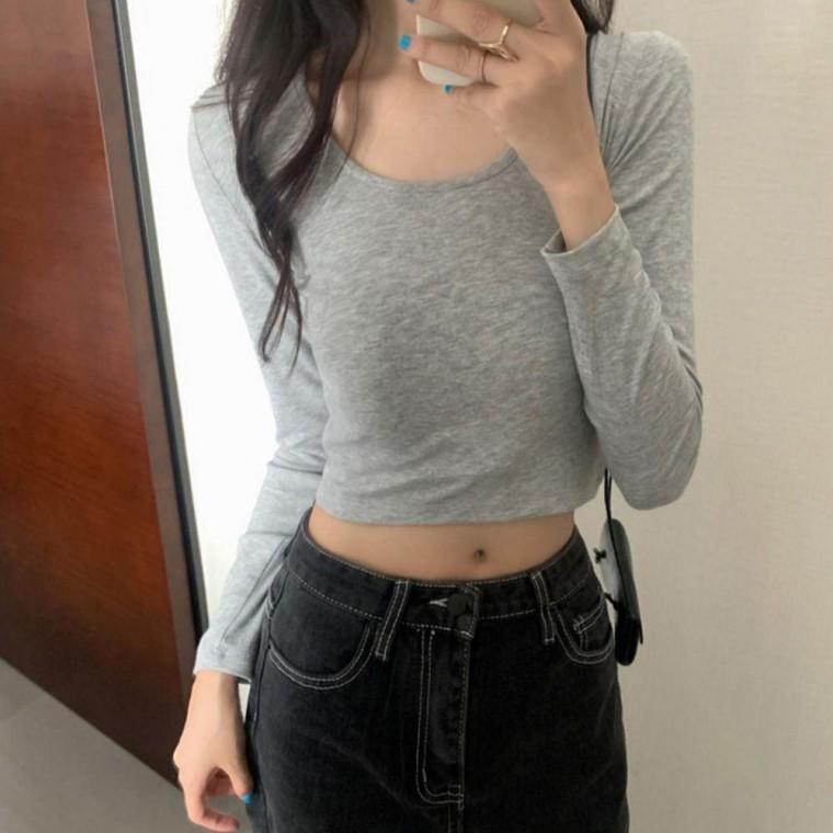 20대 30 여자 기본 스타일 라운드 크롭 긴팔 티셔츠 얇은 니트티 여성 가을 겨울