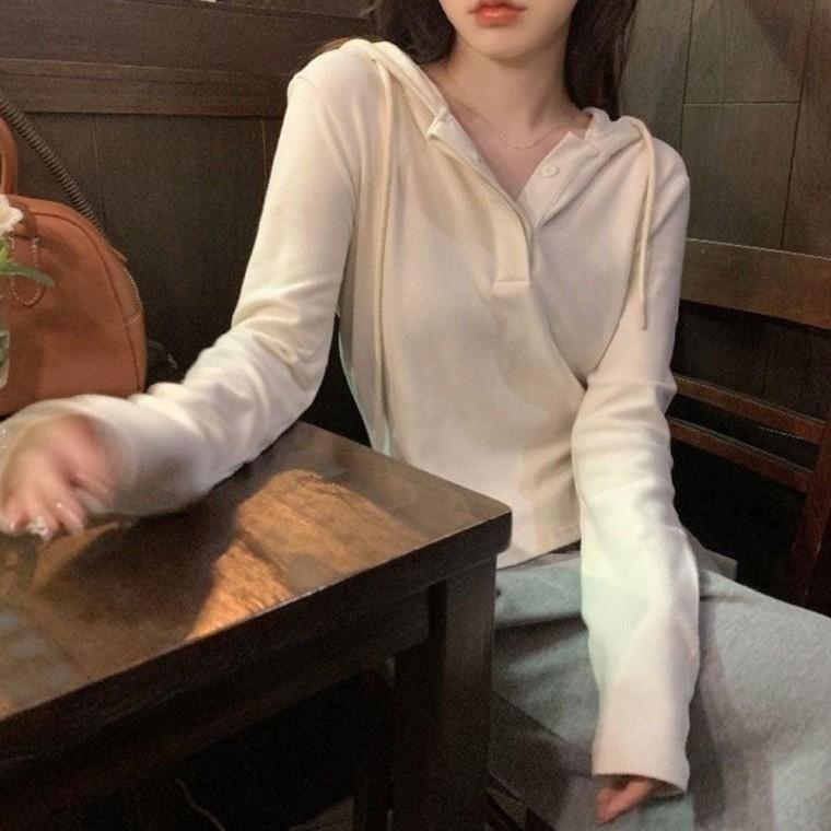 여자 긴팔 단추 잠금 캐주얼 외출 패션 후드 얇은 니트티 티셔츠 라운드 여성 가을 겨울