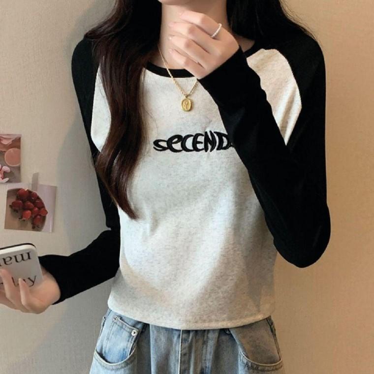 여자 나그랑 스타일 캐주얼 라운드넥 긴팔 티셔츠 얇은 니트티 여성 가을 겨울 골지