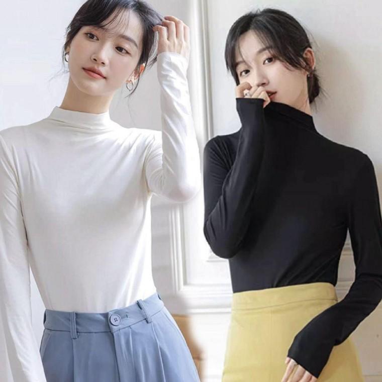여자 반목 반폴라 봄 가을 겨울 부드러운 티셔츠 얇은 니트티 긴팔 라운드 여성 골지