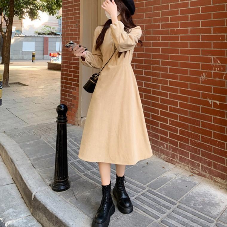 LND (당일출고) 브이넥 코듀로이 롱 원피스 가을 골덴 셔링소매 A라인 여성 겨울
